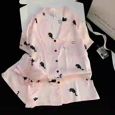 夏芬妍 甜美可爱卡通小黑猫冰丝翻领短袖短裤家居服柔软舒适休闲可外穿夏季睡衣套装 女款