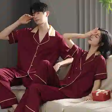 夏芬妍 大红喜庆系列  舒适丝滑柔软结婚本命年翻领丝绸冰丝家居服休闲长袖短袖长裤可外穿睡衣套装 男女同款