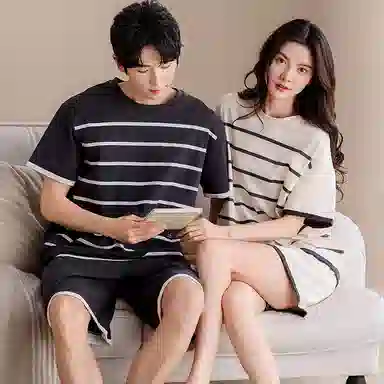 夏芬妍 柔软舒适休闲圆领经典条纹纯棉短袖短裤时尚可外穿家居服 睡衣套装 男女同款