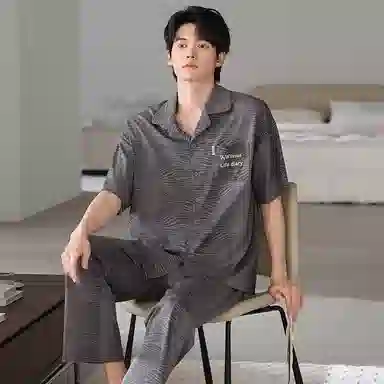 夏芬妍 简约时尚大方柔软舒适不规则纹理翻领家居服亲肤休闲短袖长裤可外穿睡衣套装 男款 灰色