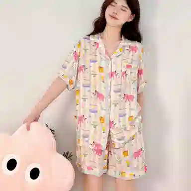 夏芬妍 柔软舒适卡通游乐小象云朵棉翻领开衫家居服亲肤休闲短袖三件套时尚可外穿夏季睡衣套装 女款