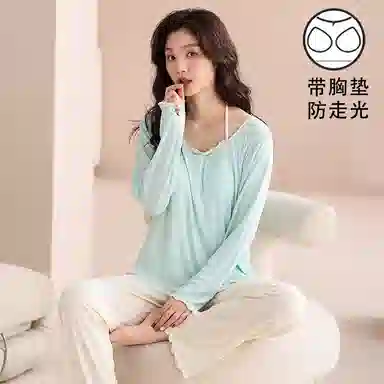 夏芬妍 时尚舒适柔软甜美假两件碎花带胸垫家居服简约休闲亲肤宽松长袖长裤可外穿睡衣套装 女款 绿色