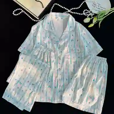 夏芬妍 可爱舒适卡通条纹小熊冰丝翻领家居服亲肤休闲短袖三件套时尚可外穿睡衣套装 女款
