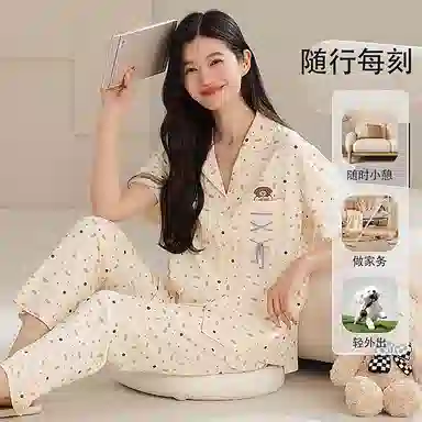 夏芬妍 时尚柔软亲肤波点绑绳翻领开衫家居服简约休闲舒适短袖长裤可外穿睡衣套装 女款 米黄色