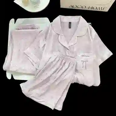 夏芬妍 简约休闲高级感蝴蝶结冰丝翻领带胸垫家居服舒适亲肤宽松短袖三件套可外穿睡衣套装 女款 紫色