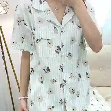 夏芬妍 柔软舒适条纹萌狗云朵棉翻领开衫家居服亲肤休闲短袖三件套时尚可外穿睡衣套装 女款 蓝色