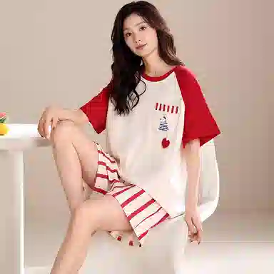 夏芬妍 简约柔软舒适爱心条纹兔子纯棉圆领家居服透气亲肤宽松短袖短裤可外穿睡衣套装 男女同款