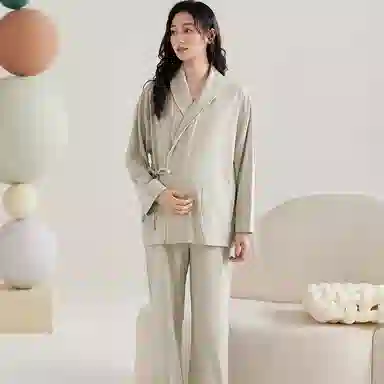 夏芬妍 舒适亲肤纯色带胸垫家居服休闲宽松长袖长裤可外穿产前产后和服月子服睡衣套装 女款 绿色