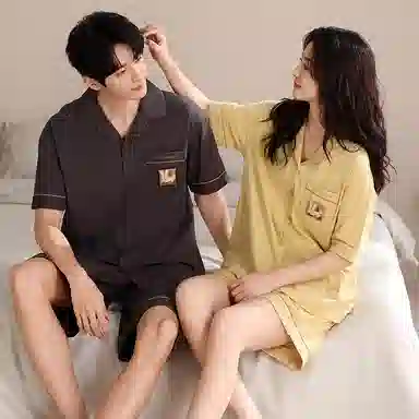 夏芬妍 简约舒适柔软纯色卡通兔子纯棉翻领家居服透气亲肤宽松短袖短裤可外穿睡衣套装 男女同款