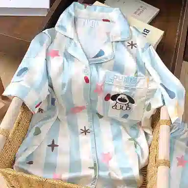 夏芬妍 甜美休闲舒适条纹星星小狗冰丝家居服亲肤宽松短袖短裤长裤时尚可外穿睡衣套装 女款