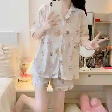 夏芬妍 柔软舒适可爱小猫咪云朵棉翻领开衫家居服亲肤休闲短袖短裤可外穿睡衣套装 女款 杏色