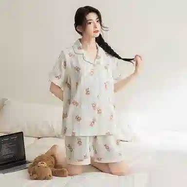 夏芬妍 甜美可爱卡通婴儿棉双层纱翻领短袖短裤家居服简约休闲可外穿睡衣套装 女款