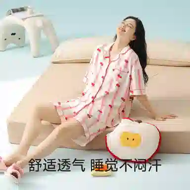 夏芬妍 柔软舒适透气亲肤条纹樱桃翻领家居服休闲凉感短袖时尚可外穿睡衣套装 女款 粉色