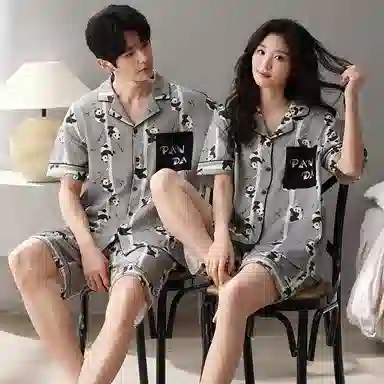 夏芬妍 简约舒适柔软爬树熊猫纯棉翻领家居服透气亲肤宽松短袖短裤可外穿睡衣套装 男女同款
