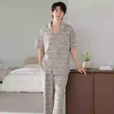 夏芬妍 简约时尚大方柔软舒适横条纹翻领家居服亲肤休闲短袖长裤可外穿睡衣套装 男款 浅棕色