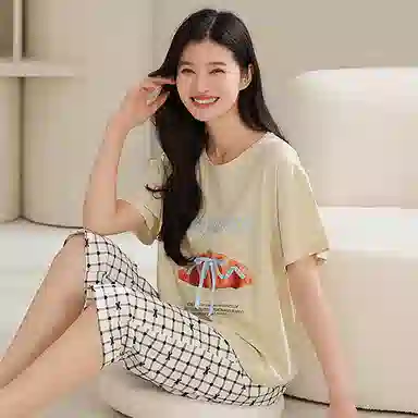 夏芬妍 简约大方柔软蝴蝶结可颂格子裤圆领家居服亲肤休闲舒适短袖七分裤可外穿睡衣套装 女款 浅黄色