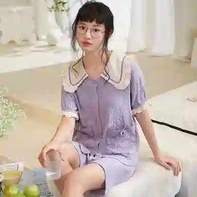 夏芬妍 甜美柔软舒适花边云朵棉公主翻领家居服亲肤休闲短袖短裤可外穿睡衣套装 女款 紫色