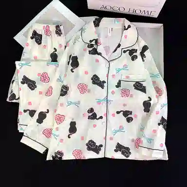 夏芬妍 柔软舒适爱心猫咪云朵棉开衫家居服亲肤休闲长袖长裤可外穿春秋款睡衣套装 女款 杏色
