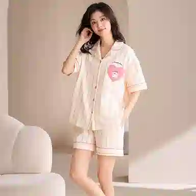 夏芬妍 甜美可爱条纹爱心小狗舒适亲肤宽松短袖短裤时尚翻领可外穿家居服睡衣套装 女款 杏色