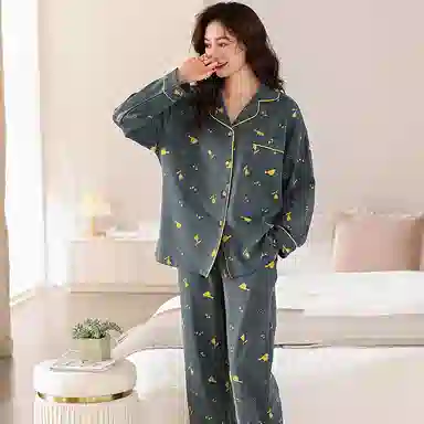 夏芬妍 亲肤舒适郁金香小鸟翻领纯棉家居服简约休闲宽松长袖长裤可外穿睡衣套装 女款 藏青色