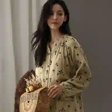 夏芬妍 时尚轻盈舒适柔软甜美碎花开衫婴儿棉双层纱家居服休闲亲肤宽松长袖长裤可外穿睡衣套装 女款 棕色