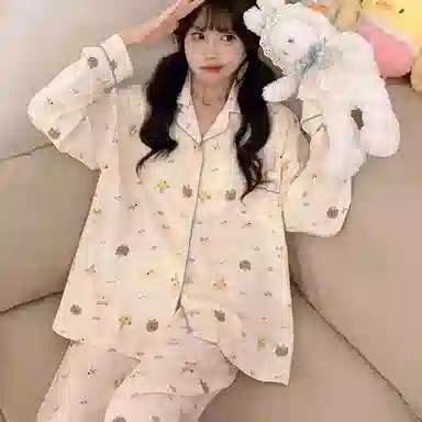 夏芬妍 柔软舒适萌狗乐园云朵棉开衫家居服亲肤休闲长袖长裤可外穿春秋款睡衣套装 女款 杏色