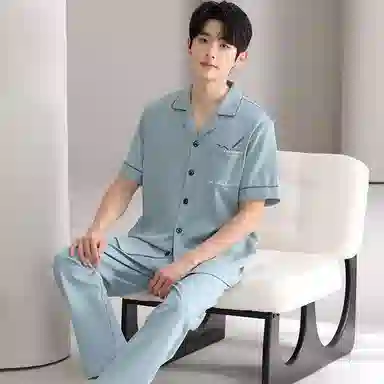 夏芬妍 简约舒适纯色纯棉翻领家居服亲肤宽松休闲短袖短裤长裤三件套时尚可外穿睡衣套装 男款 青蓝色