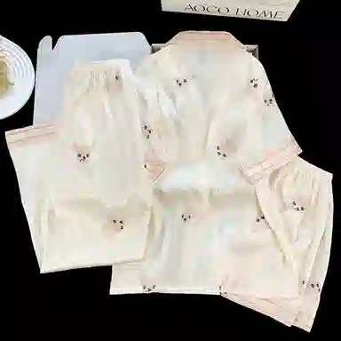 夏芬妍 简约休闲高级感法斗冰丝翻领带胸垫家居服舒适亲肤宽松长袖长裤可外穿睡衣套装 女款 杏色