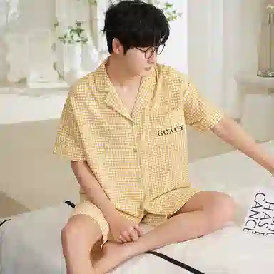 夏芬妍 柔软舒适时尚格子云朵棉翻领家居服亲肤休闲短袖短裤可外穿睡衣套装 男款 黄色