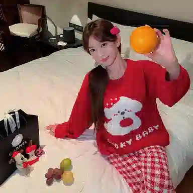 夏芬妍 简约甜美柔软亲肤苹果小狗英文格子裤半边绒家居服加绒加厚蓄温保暖长袖长裤可外穿秋冬款睡衣套装 女款 红色