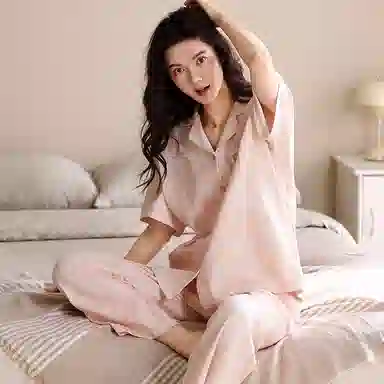 夏芬妍 简约舒适柔软不规则纹理纯棉家居服透气亲肤宽松短袖翻领三件套可外穿睡衣套装 女款 粉色