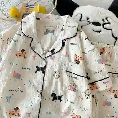 夏芬妍 柔软舒适小狗乐园云朵棉翻领开衫家居服亲肤休闲短袖三件套时尚可外穿睡衣套装 女款 杏色