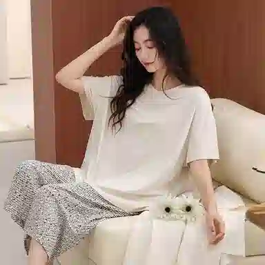 夏芬妍 柔软亲肤透气纯棉圆领家居服舒适休闲凉感简约短袖七分裤可外穿夏季睡衣套装 女款
