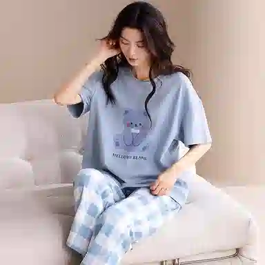 夏芬妍 简约舒适柔软复古格子小熊纯棉家居服透气亲肤宽松短袖圆领套头三件套可外穿睡衣套装 女款 蓝色