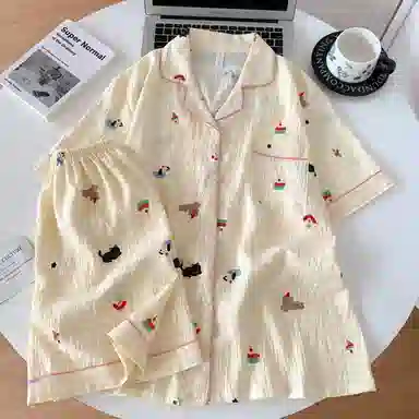 夏芬妍  可爱卡通格子小狗翻领云朵棉短袖短裤家居服柔软舒适休闲可外穿夏季睡衣套装 女款