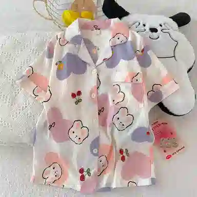 夏芬妍 柔软舒适爱心萌兔云朵棉开衫家居服亲肤休闲短袖短裤时尚可外穿睡衣套装 女款 粉色