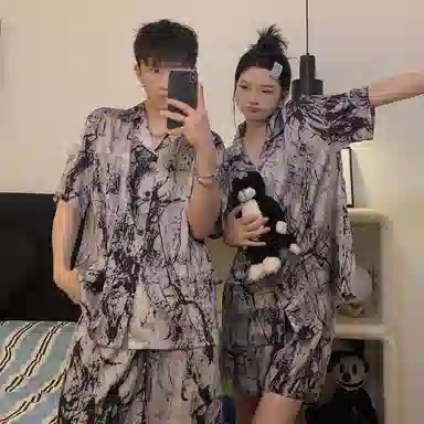 夏芬妍 休闲高级泼墨画翻领舒适亲肤凉感短袖时尚简约可外穿家居服睡衣套装 男女同款