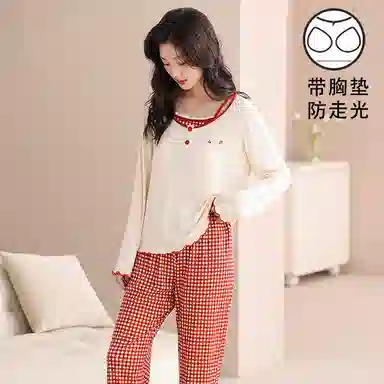 夏芬妍 时尚舒适柔软甜美假两件格子带胸垫家居服简约休闲亲肤宽松长袖长裤可外穿睡衣套装 女款 红色
