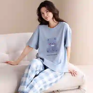 夏芬妍 简约舒适柔软复古格子小熊纯棉家居服透气亲肤宽松短袖圆领套头三件套可外穿睡衣套装 女款 蓝色