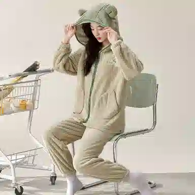 夏芬妍 简约时尚亲肤可爱连帽卡通加厚保暖舒适可外穿睡衣套装 女款 浅卡色