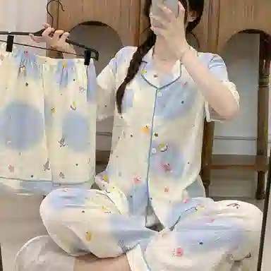 夏芬妍 柔软舒适卡通云朵棉翻领开衫家居服亲肤休闲短袖三件套时尚可外穿睡衣套装 女款 蓝色