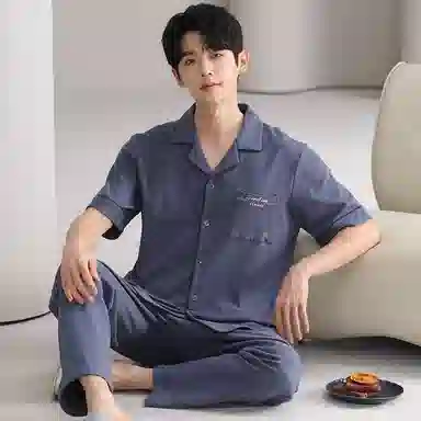 夏芬妍 简约舒适纯色纯棉翻领家居服亲肤宽松休闲短袖短裤长裤三件套时尚可外穿睡衣套装 男款 黛蓝色