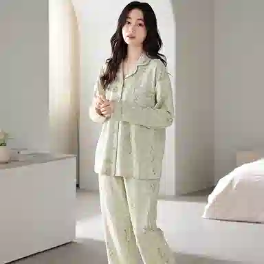 夏芬妍 休闲舒适简约高级感花卉千鸟格满印经典翻领开衫家居服宽松柔软亲肤长袖长裤可外穿睡衣套装 女款 浅绿色