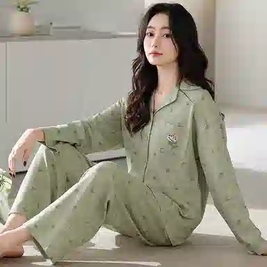 夏芬妍 休闲舒适简约高级感花朵满印经典翻领开衫家居服宽松柔软亲肤长袖长裤可外穿睡衣套装 女款 绿色