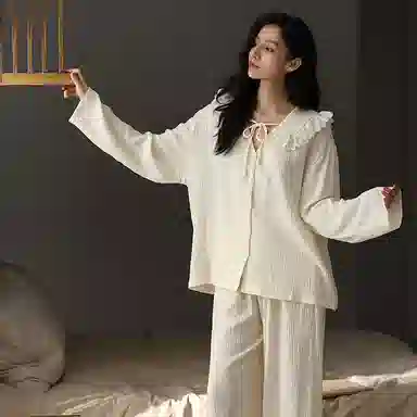 夏芬妍 时尚轻盈舒适柔软甜美公主领婴儿棉双层纱家居服休闲亲肤宽松长袖长裤可外穿睡衣套装 女款 杏色