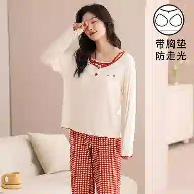 夏芬妍 时尚舒适柔软甜美假两件格子带胸垫家居服简约休闲亲肤宽松长袖长裤可外穿睡衣套装 女款 红色