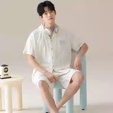 夏芬妍 简约休闲简约条纹云朵棉翻领舒适亲肤宽松短袖短裤时尚可外穿家居服睡衣套装 男女同款 杏色