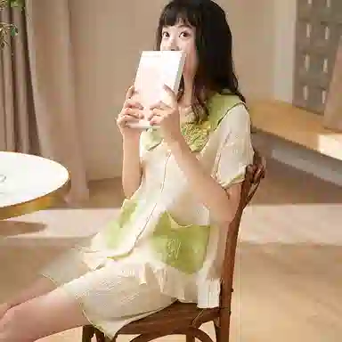 夏芬妍 甜美柔软舒适小凤梨云朵棉公主翻领家居服亲肤休闲短袖短裤可外穿睡衣套装 女款 杏绿色