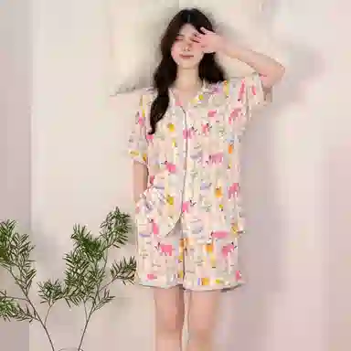 夏芬妍 柔软舒适卡通游乐小象云朵棉翻领开衫家居服亲肤休闲短袖三件套时尚可外穿夏季睡衣套装 女款