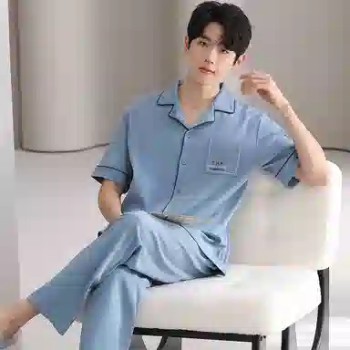 夏芬妍 简约舒适纯色纯棉翻领家居服亲肤宽松休闲短袖短裤长裤三件套时尚可外穿睡衣套装 男款 蓝色